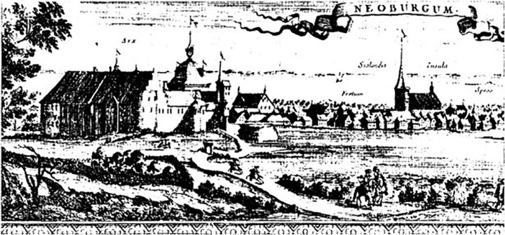 Sort hvid tegning af Nyborg by fra 1659